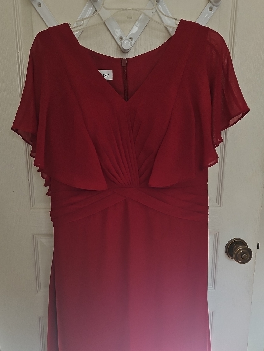 JJs House Red V-Neck Flutter Sleeve Evening Gown